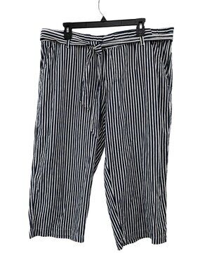 Liz Claiborne Cropped Pants Womens XL Navy White Stripe Linen Used